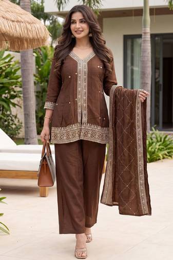 Coffee color beautiful designer cp vichitra silk fabric graceful ceremonial attire