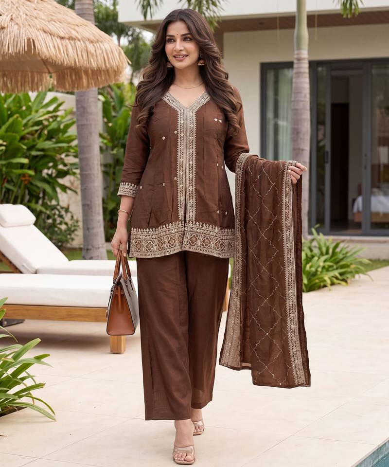 Coffee color beautiful designer cp vichitra silk fabric graceful ceremonial attire