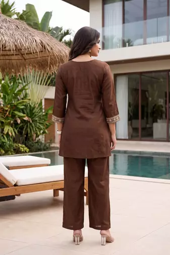 Coffee color beautiful designer cp vichitra silk fabric graceful ceremonial attire