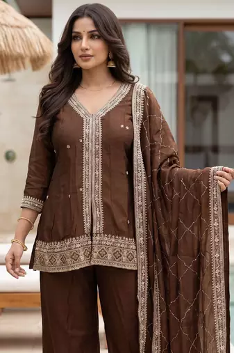 Coffee color beautiful designer cp vichitra silk fabric graceful ceremonial attire
