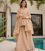 Peach color beautiful designer crunchy fabric graceful ceremonial attire