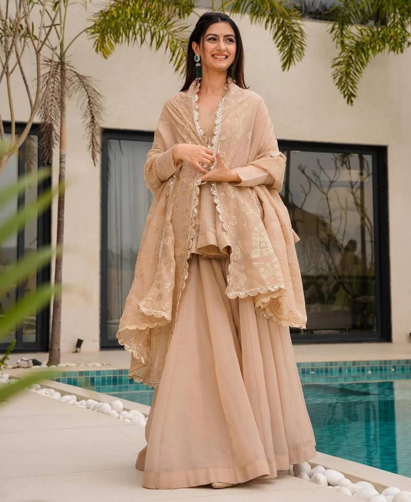 Peach color beautiful designer crunchy fabric graceful ceremonial attire