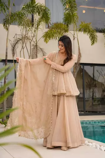 Peach color beautiful designer crunchy fabric graceful ceremonial attire