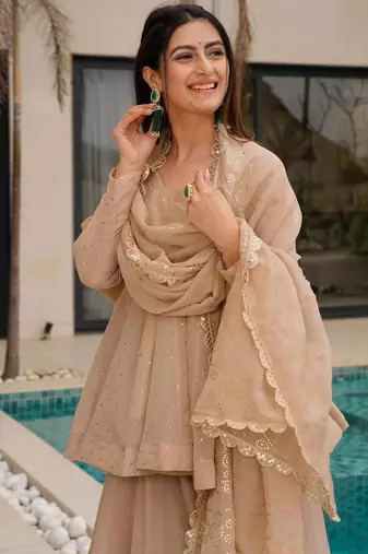 Peach color beautiful designer crunchy fabric graceful ceremonial attire