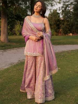 Purple color beautiful designer fendy satin fabric graceful ceremonial attire 1