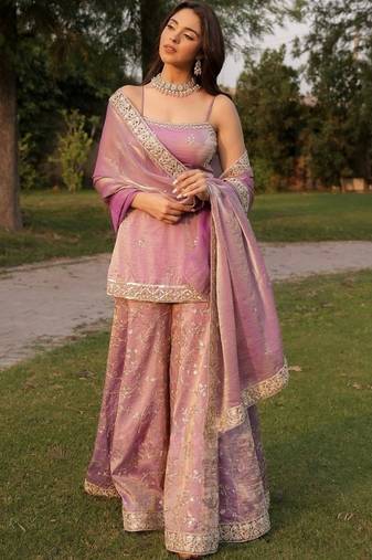 Purple color beautiful designer fendy satin fabric graceful ceremonial attire