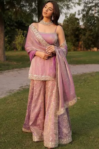 Purple color beautiful designer fendy satin fabric graceful ceremonial attire
