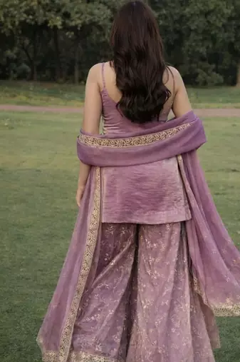 Purple color beautiful designer fendy satin fabric graceful ceremonial attire