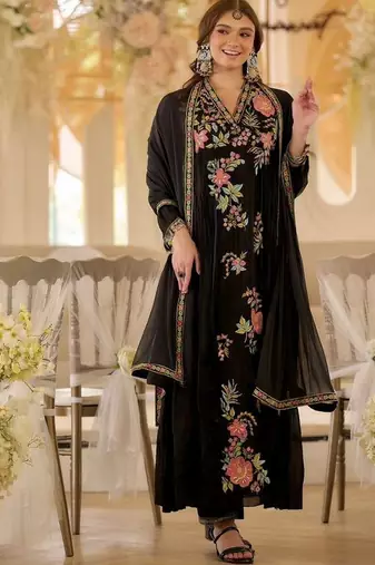 Black color beautiful designer georgette fabric graceful ceremonial attire