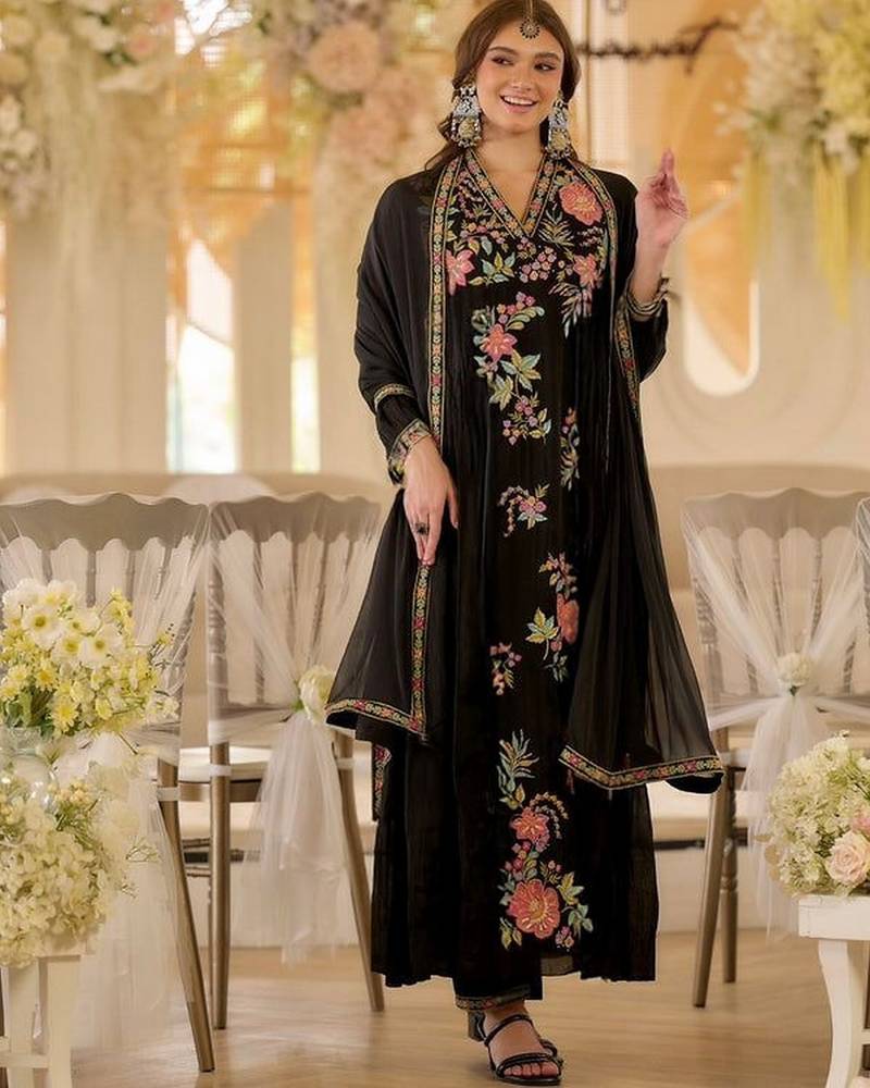 Black color beautiful designer georgette fabric graceful ceremonial attire