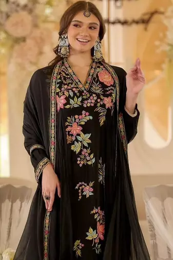 Black color beautiful designer georgette fabric graceful ceremonial attire