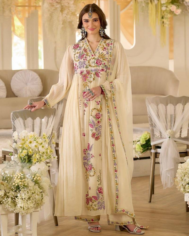 Cream color beautiful designer georgette fabric graceful ceremonial attire