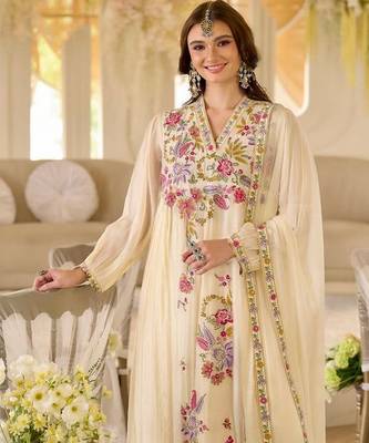 Cream color beautiful designer georgette fabric graceful ceremonial attire 3