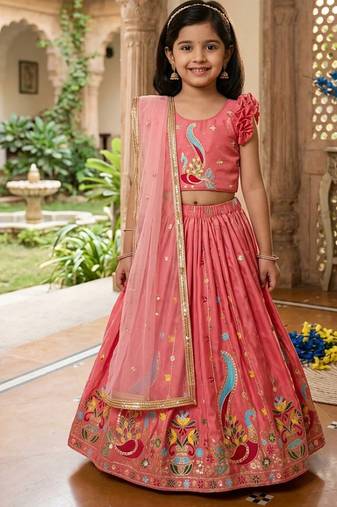 Kids pink silk peacock embroidered lehenga choli with dupatta