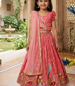 Kids pink silk peacock embroidered lehenga choli with dupatta