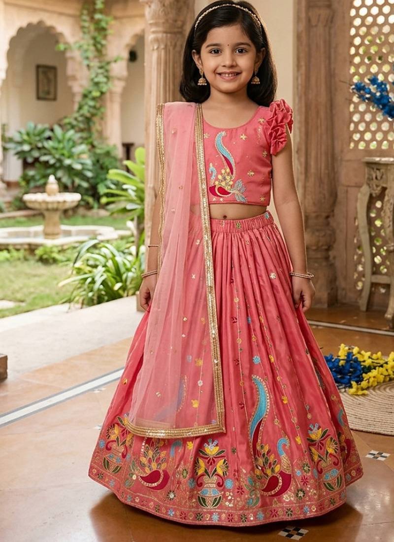 Kids pink silk peacock embroidered lehenga choli with dupatta