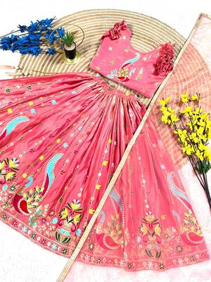 Kids pink silk peacock embroidered lehenga choli with dupatta 2