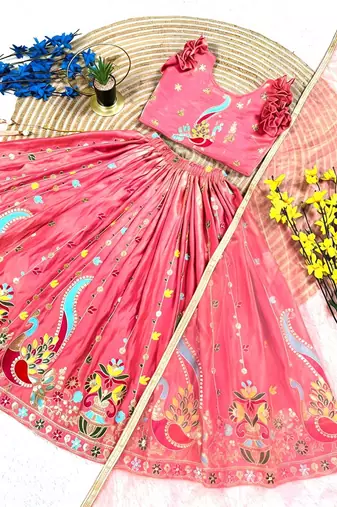 Kids pink silk peacock embroidered lehenga choli with dupatta
