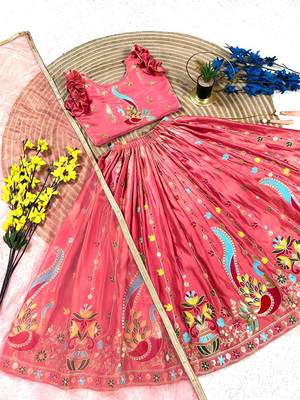 Kids pink silk peacock embroidered lehenga choli with dupatta 3