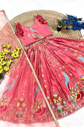 Kids pink silk peacock embroidered lehenga choli with dupatta