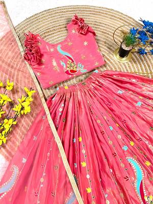 Kids pink silk peacock embroidered lehenga choli with dupatta 4
