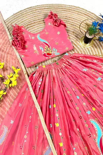 Kids pink silk peacock embroidered lehenga choli with dupatta