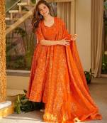 Orange color stylish muslin fabric designer printed ceremonial dress for girls