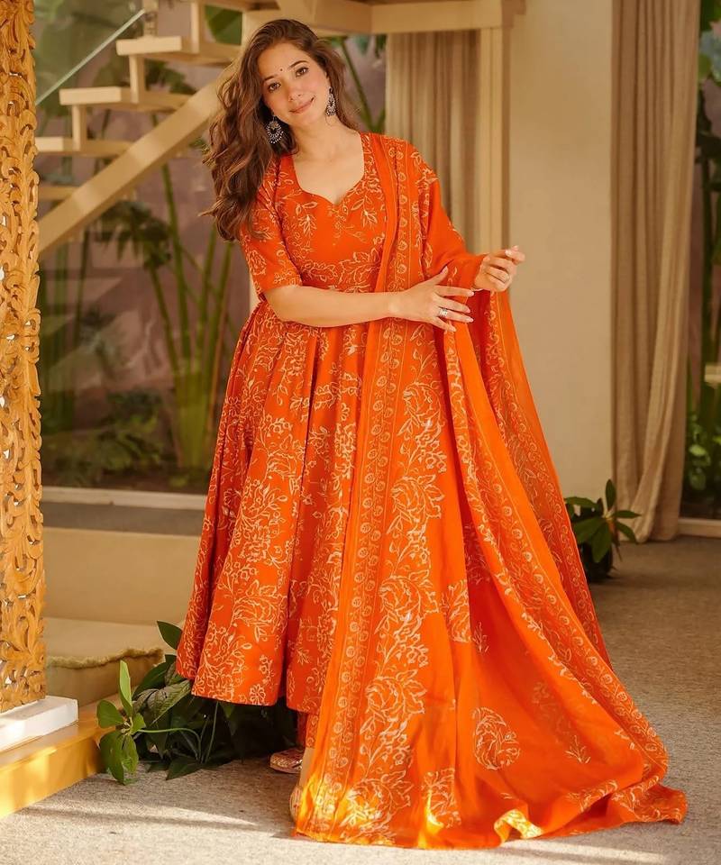 Orange color stylish muslin fabric designer printed ceremonial dress for girls