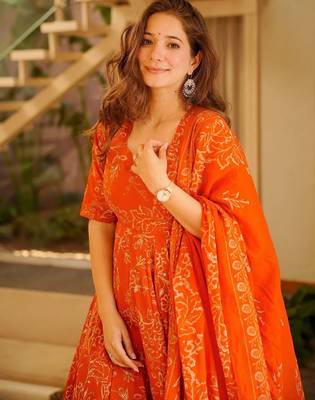 Orange color stylish muslin fabric designer printed ceremonial dress for girls 2