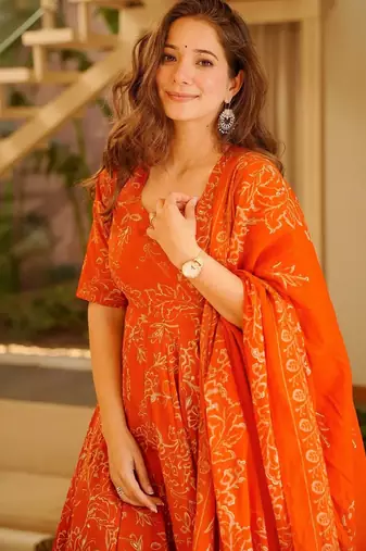 Orange color stylish muslin fabric designer printed ceremonial dress for girls