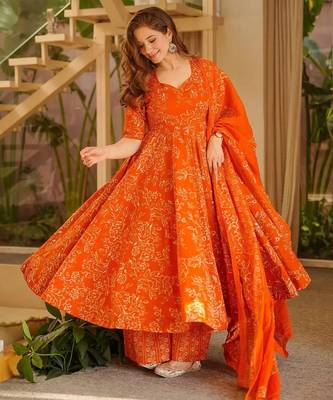 Orange color stylish muslin fabric designer printed ceremonial dress for girls 3