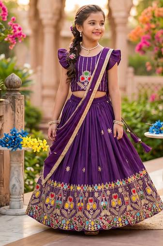 Kids purple silk peacock embroidered lehenga choli with dupatta
