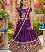 Kids purple silk peacock embroidered lehenga choli with dupatta