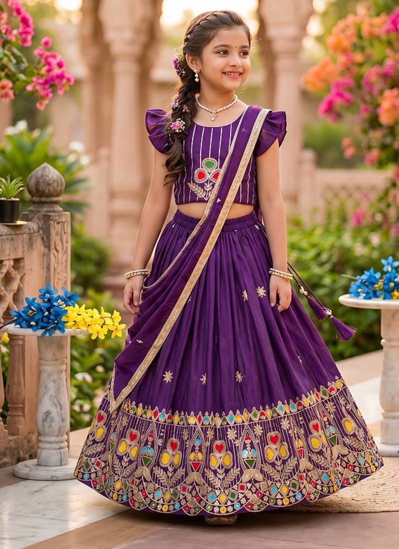 Kids purple silk peacock embroidered lehenga choli with dupatta