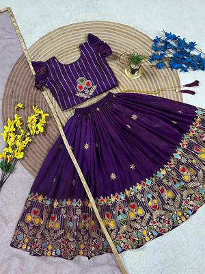 Kids purple silk peacock embroidered lehenga choli with dupatta 2