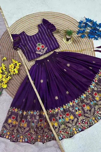 Kids purple silk peacock embroidered lehenga choli with dupatta