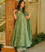 Green color stylish muslin fabric designer printed ceremonial dress for girls