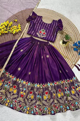 Kids purple silk peacock embroidered lehenga choli with dupatta