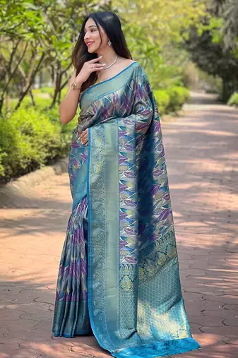 Elegant blue silk blend saree with contrast weaving border