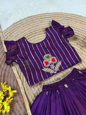 Kids purple silk peacock embroidered lehenga choli with dupatta 4