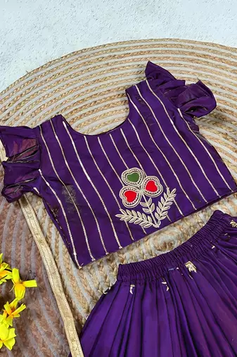 Kids purple silk peacock embroidered lehenga choli with dupatta
