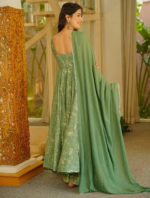 Green color stylish muslin fabric designer printed ceremonial dress for girls 2