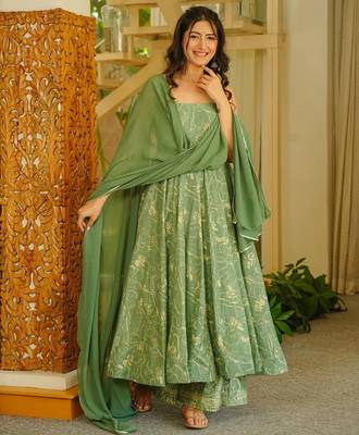Green color stylish muslin fabric designer printed ceremonial dress for girls 3