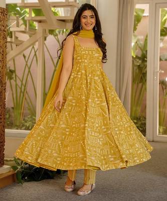 Olive color stylish muslin fabric designer printed ceremonial dress for girls 1