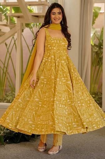 Olive color stylish muslin fabric designer printed ceremonial dress for girls