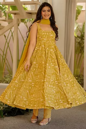 Olive color stylish muslin fabric designer printed ceremonial dress for girls