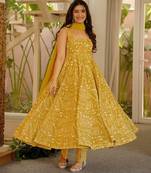 Olive color stylish muslin fabric designer printed ceremonial dress for girls