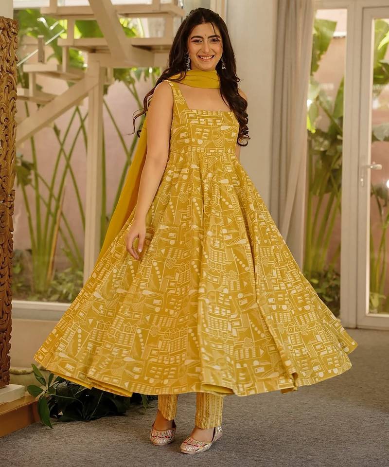 Olive color stylish muslin fabric designer printed ceremonial dress for girls