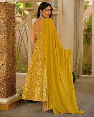 Olive color stylish muslin fabric designer printed ceremonial dress for girls 2