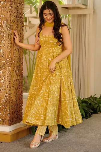 Olive color stylish muslin fabric designer printed ceremonial dress for girls